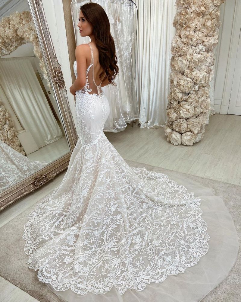 Chic Sweeteart Spaghetti Straps Mermaid Floral Lace Bridal Gown