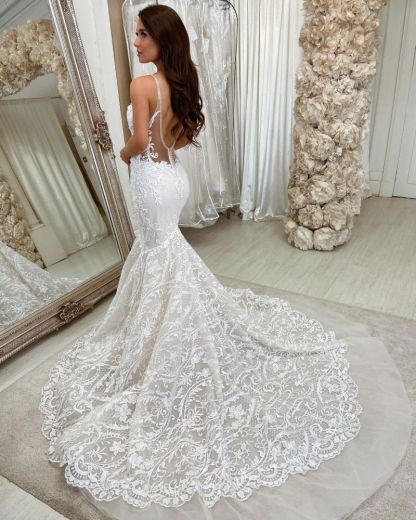 Chic Sweeteart Spaghetti Straps Mermaid Floral Lace Bridal Gown