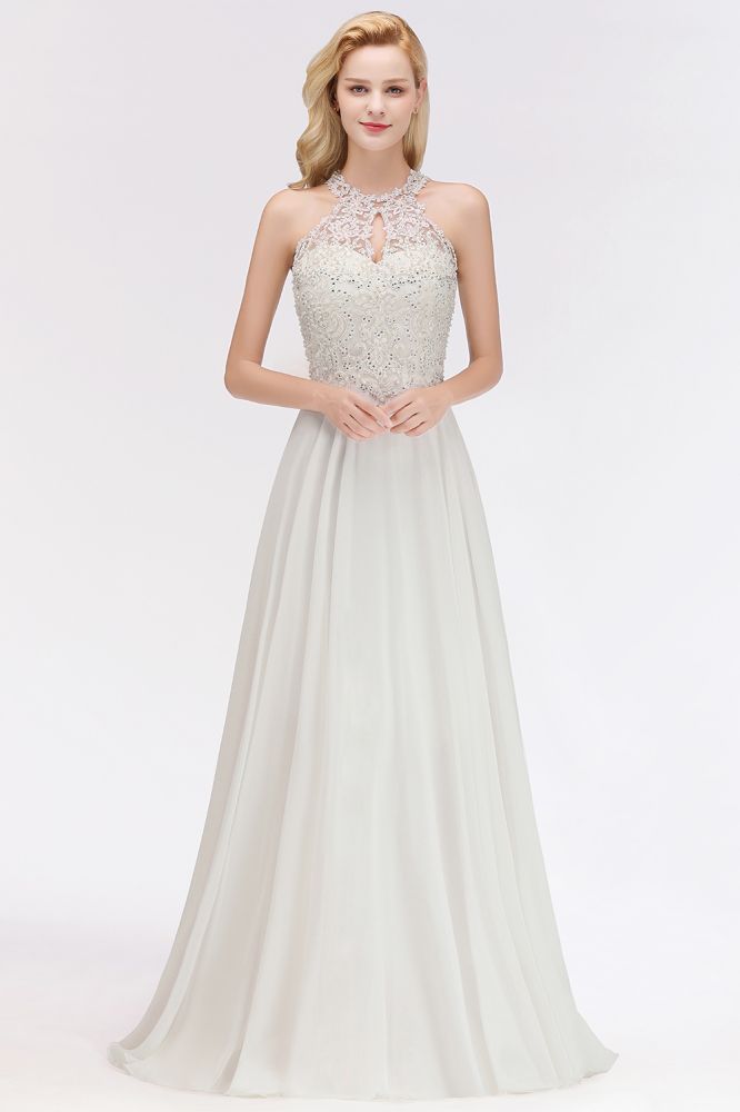 Modest Pink Pears Beaded A-line Halter Bridesmaid Dresses