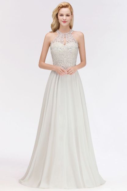 Modest Pink Pears Beaded A-line Halter Bridesmaid Dresses