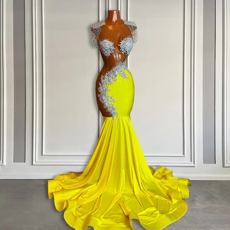 Yellow Mermaid Silver Beaded Mermaid Prom Dresses