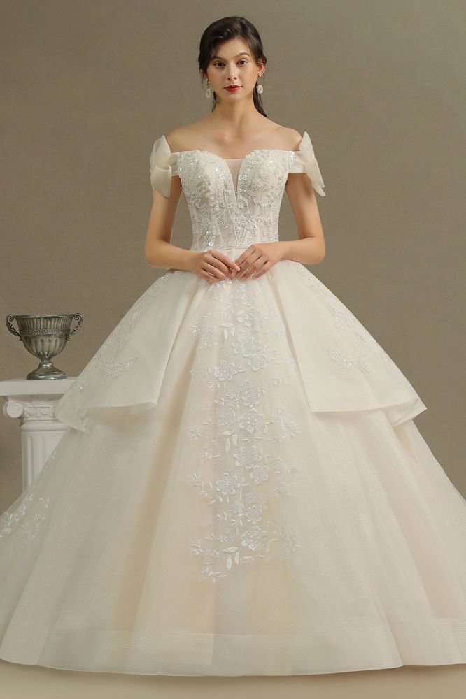 Elegant Off-the-Shoulder Tulle Lace Ball Gown Floor Length Graden Bridal Gown