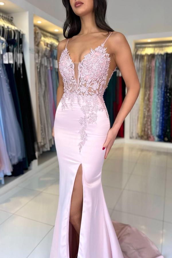 Fashionable V-Neck Spaghetti Strapless Sleeveless Mermaid Satin Lace Prom Dresses with Slit