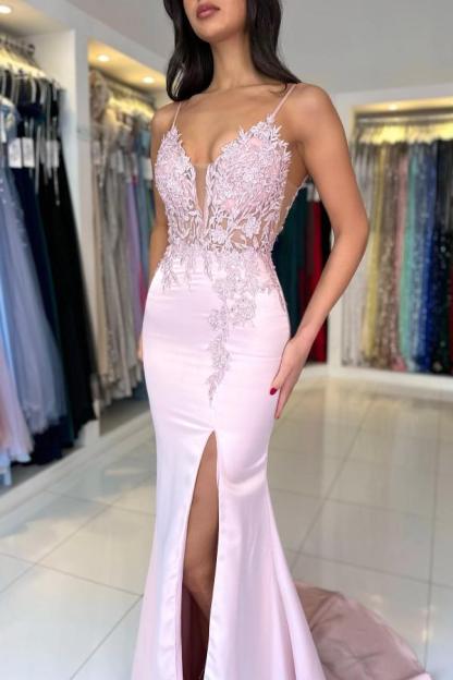 Fashionable V-Neck Spaghetti Strapless Sleeveless Mermaid Satin Lace Prom Dresses with Slit