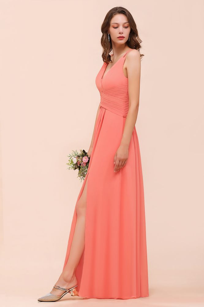 Charming V-Neck Beach Bridesmaid Dress Aline Chiffon Wedding Guest Dress with Side Slit