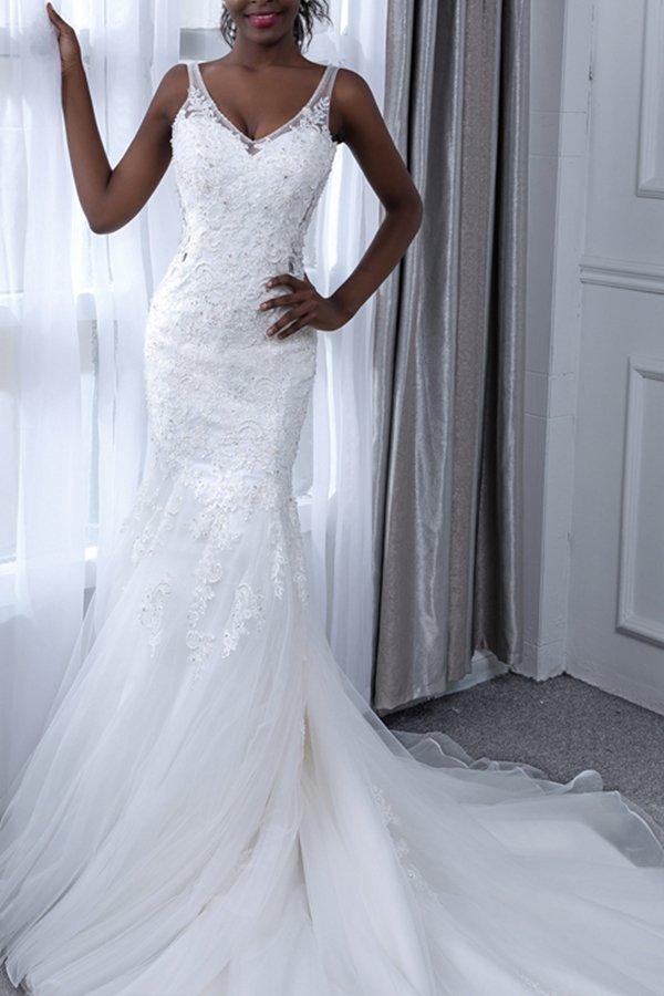 V-neck White Court Train Wedding Dresses