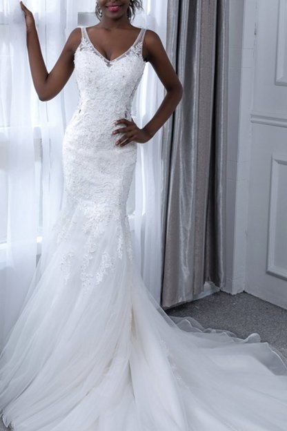V-neck White Court Train Wedding Dresses