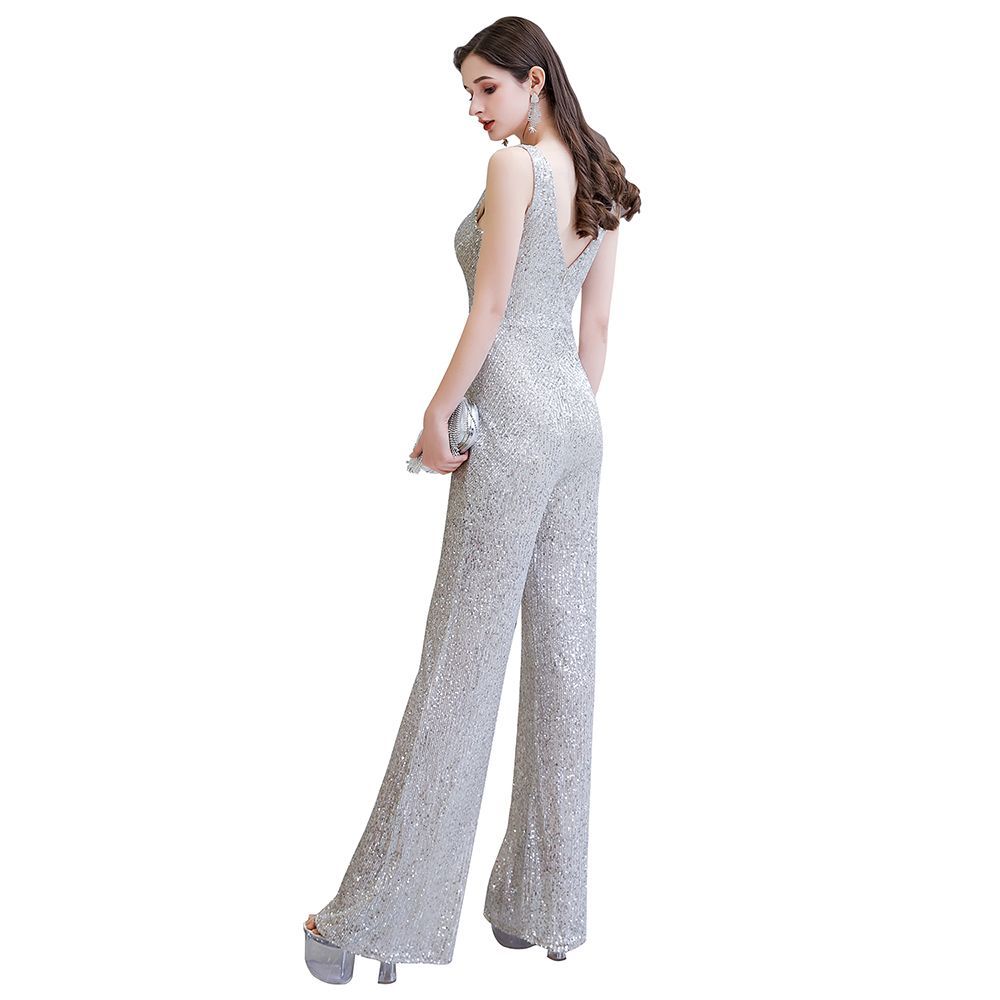 Sexy Shining V-neck Silver Sequin Sleeveless Prom Jumpsuit