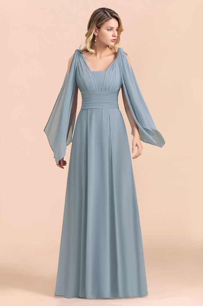 Grey Blue V-Neck Sleeveless Aline Wedding Guest Dress Simple Bridesmaid Dress Floor Length