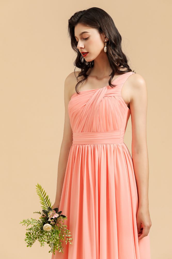 Pleated Chiffon One-Shoulder Bridesmaid Dress Sleeveless Long Wedding Party Dress
