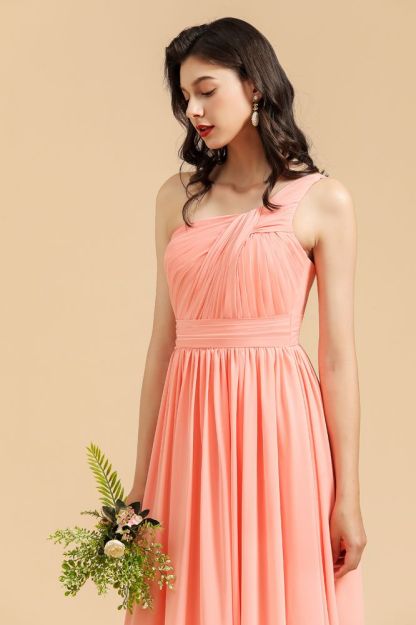 Pleated Chiffon One-Shoulder Bridesmaid Dress Sleeveless Long Wedding Party Dress