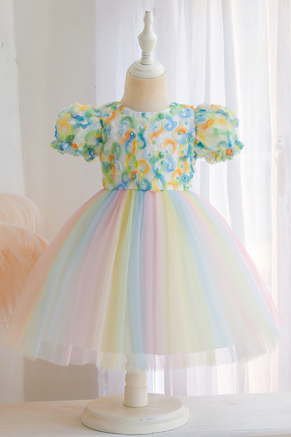 Rainbow bubble cap sleeves pricess sparkle flower girl dress