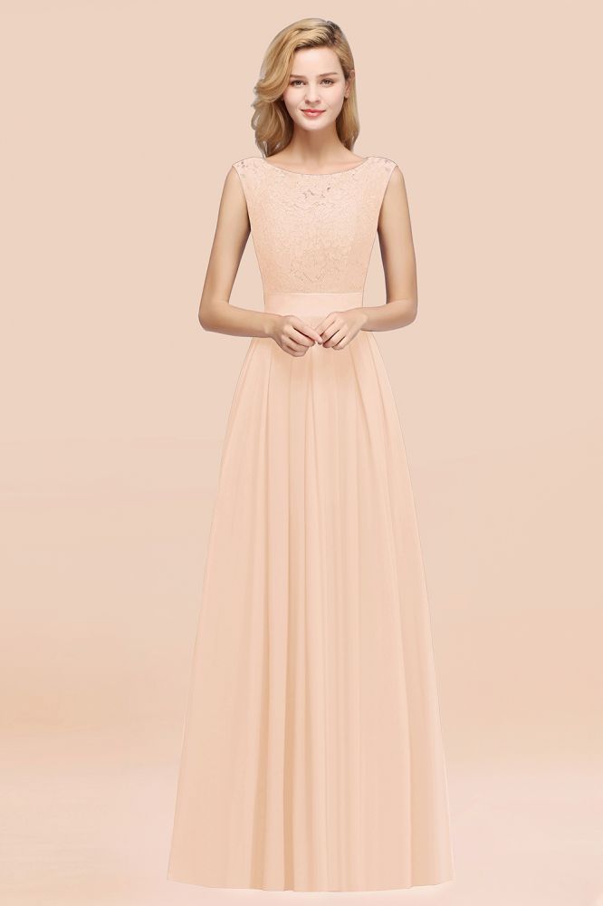 A-line Chiffon Lace Jewel Sleeveless Ruffles Floor-length Bridesmaid Dress