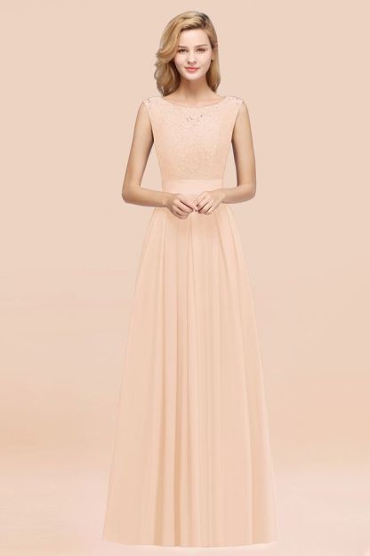 A-line Chiffon Lace Jewel Sleeveless Ruffles Floor-length Bridesmaid Dress