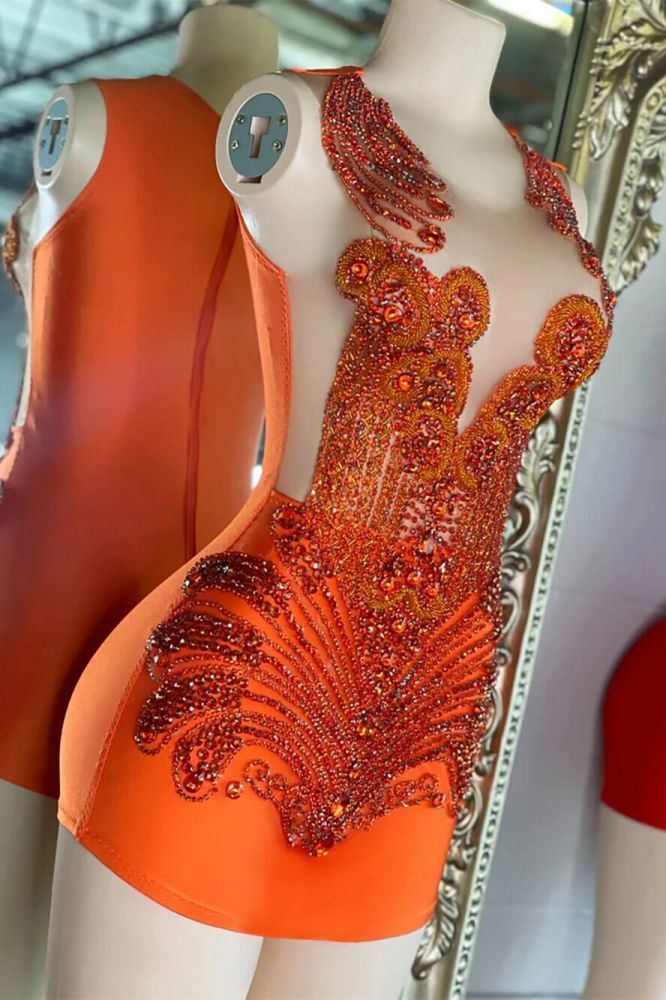 Orange Sequined Beaded sleeveless Short Prom Dresses