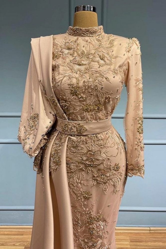 Luxury High Neck Long Sleeves Satin Mermaid Evening Gown Floral Long Party Dress with Sweep Train