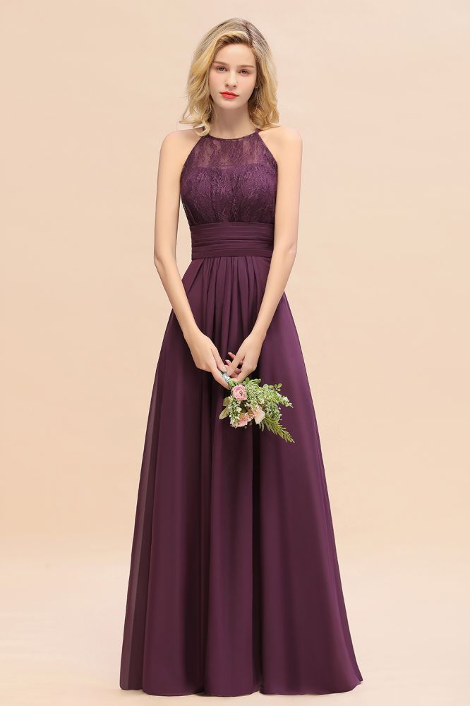 Purple Elegant Halter Hollow Lace Aline Maid of Honor Dress Floor Length Chiffon Bridesmaid Dress