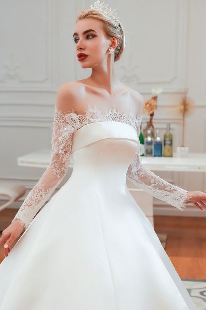 Romantic Lace Long Sleeves Princess Satin Wedding Dress | Princess Bridal Gowns with Cathedral Train