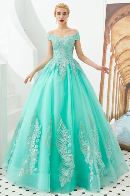Henry | Elegant Off-the-shoulder Princess Red/Mint Prom Dress with Wing Emboirdery