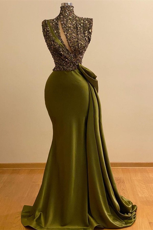 High neck Keyhole Mermaid Satin Prom Dresses