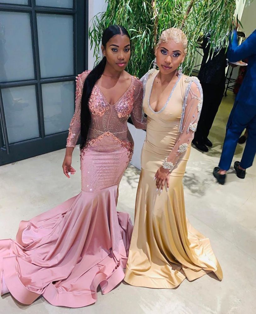 Pink Beads Sequins Sexy V-neck Prom Dresses | Fit and Flare Long Sleeve Elegant Evening Gowns