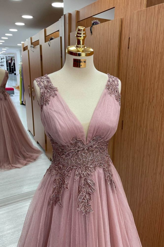 Dusty Pink V-neck Tulle A-line Long Prom Dresses