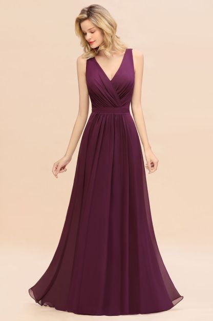 V-Neck A-line Evening Maxi Dress Sleeveless Chiffon Bridesmaid Dress