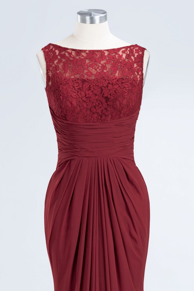Elegant A-Line Burgundy Chiffon Lace Scoop Sleeveless Ruffles Floor-Length Bridesmaid Dresses