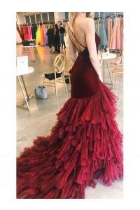 One shoulder Burgundy Ruffles Evening Dresses