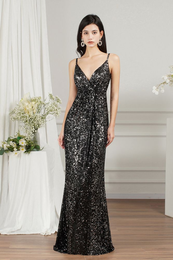 Black Sparkly Spaghetti Strap Sleeveless Long Meramid Sequins Prom Dress