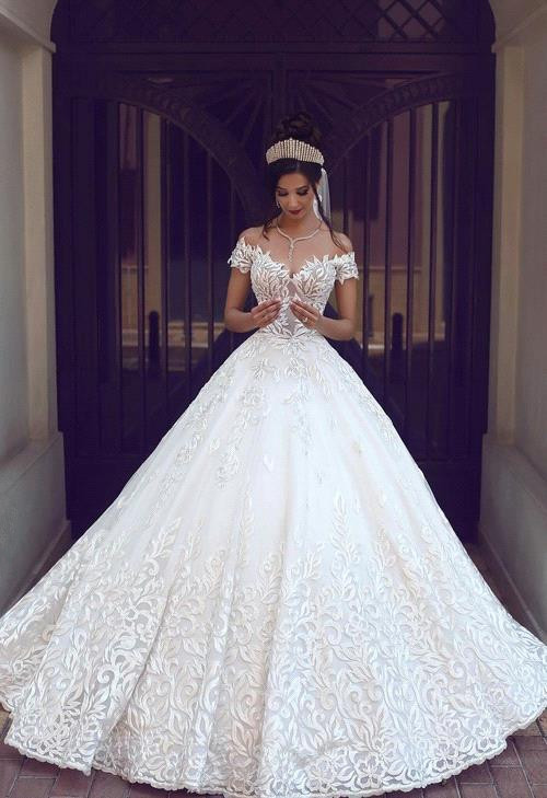Gorgeous Off-the-Shoulder Lace New Short-Sleeve Long Wedding Dresses