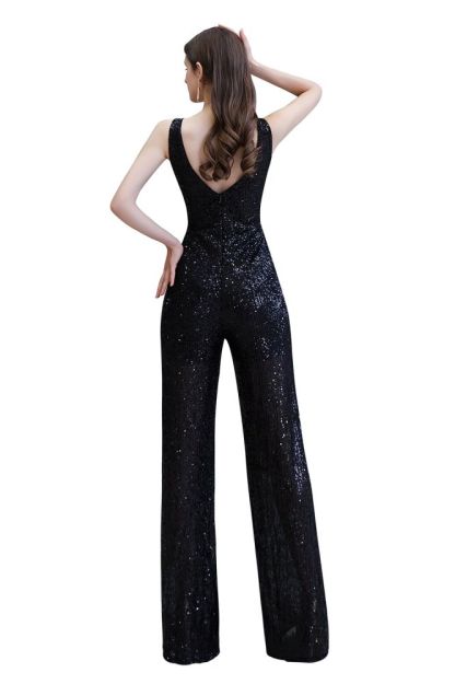Sexy Shining V-neck Silver Sequin Sleeveless Prom Jumpsuit