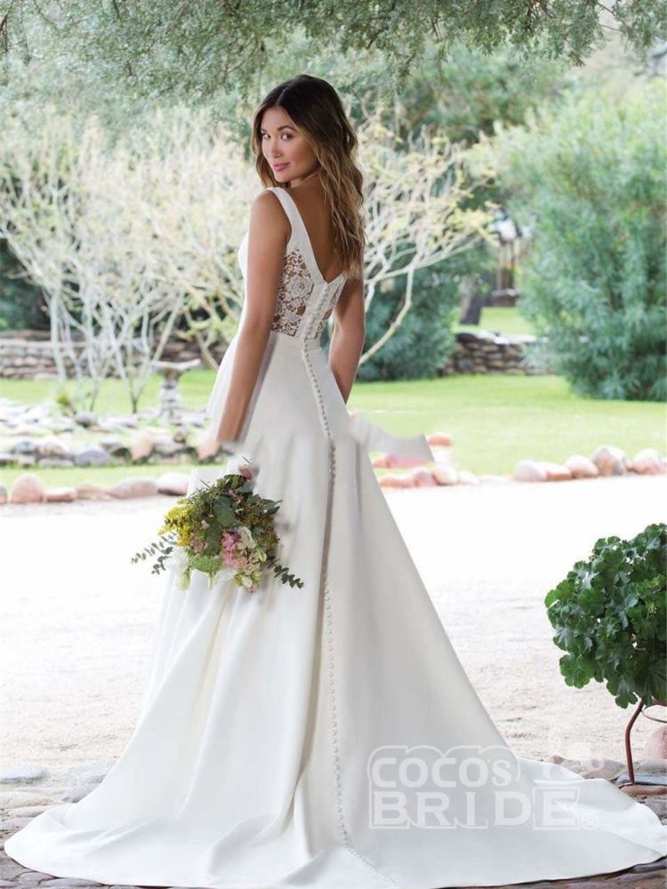 V-neck White Satin A-line Wedding Dresses