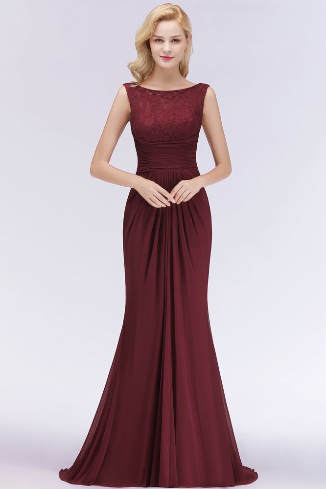 Elegant A-Line Burgundy Chiffon Lace Scoop Sleeveless Ruffles Floor-Length Bridesmaid Dresses