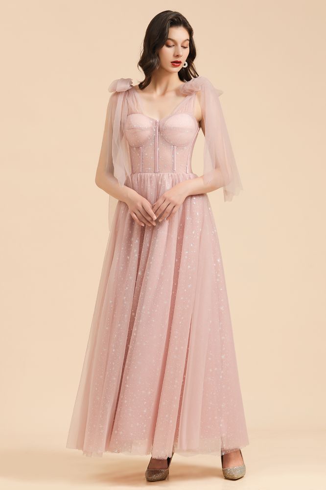 Gorgeous Puffy Sleeves Sparkly Aline Evening Party Dress Chiffon Floor Length Prom Dress