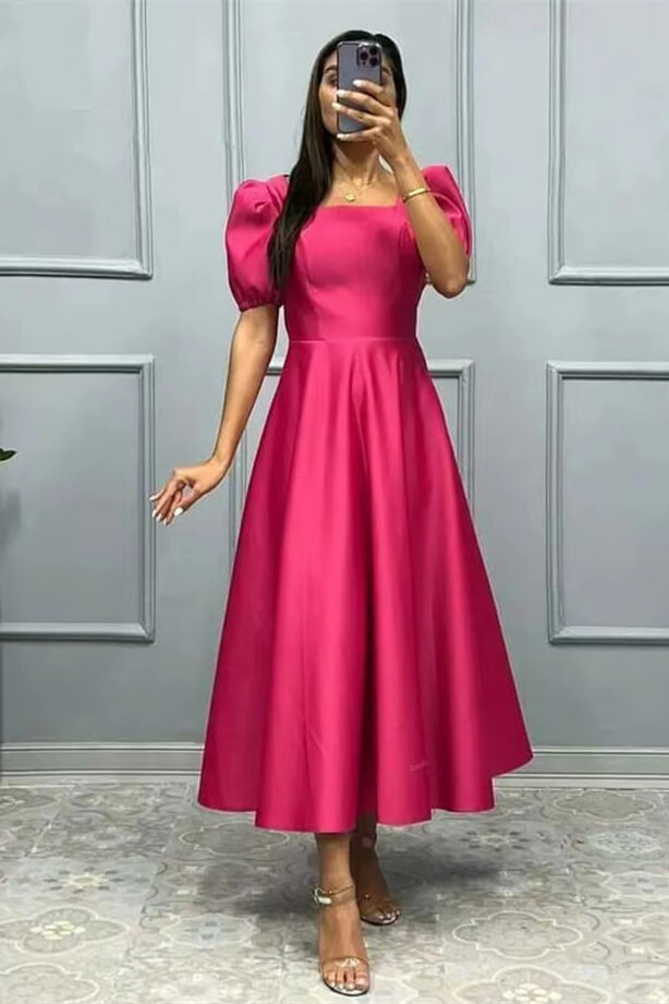 Square neck Half Sleeves Ankle Length Burgundy Prom Dresses