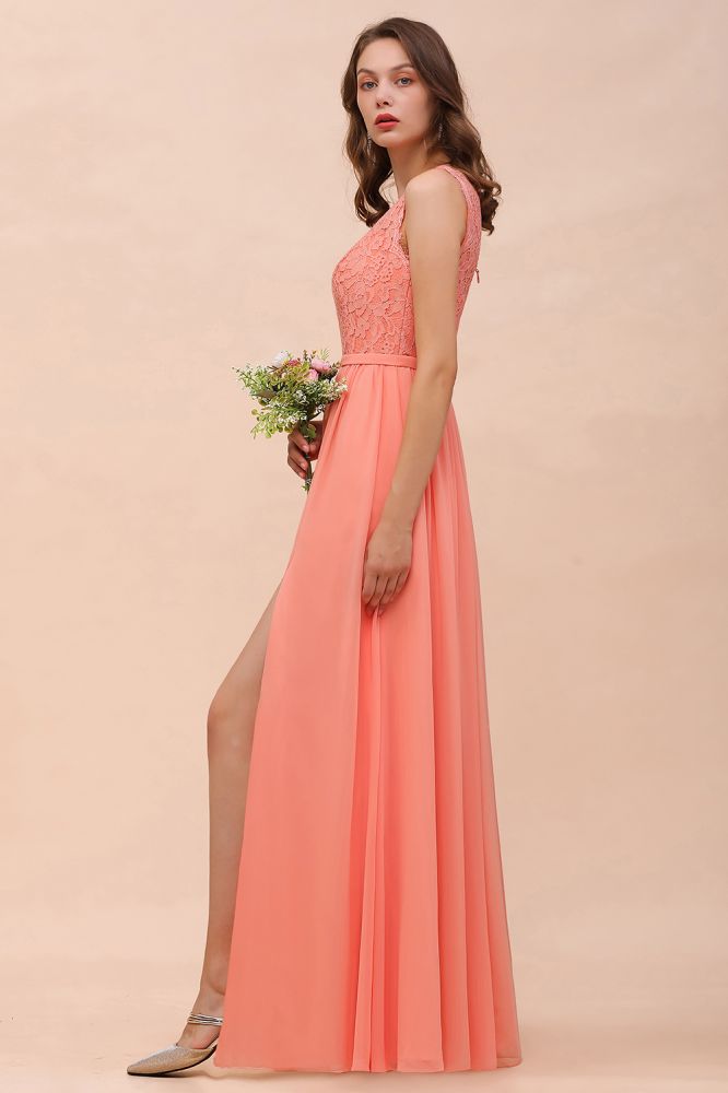 One Shoulder Floral Lace Aline Bridesmaid Dress with Side Slit