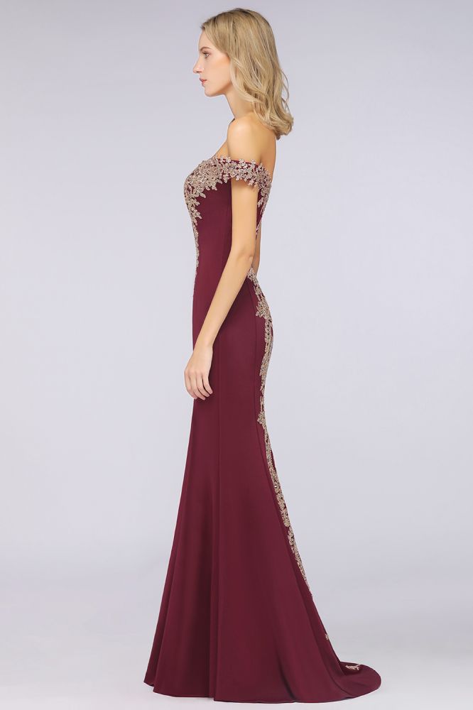 Simple Off-the-shoulder Burgundy Formal Dress with Lace Appliques