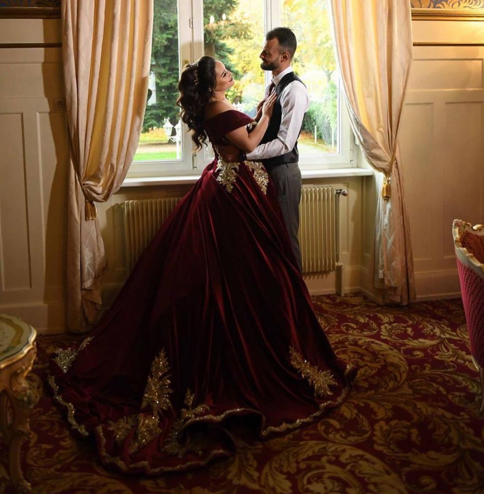 Off-the-shoulder Dark Burgundy Golden appliques Ball Gown Evening Dress