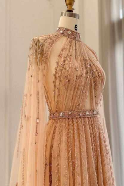 Halter Tulle Beadings Floor-Length Evening Dress with Cap Sleeves Tulle Party Dress