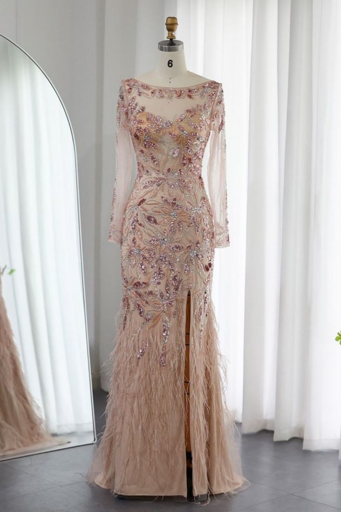 Elegant Scoop Neck Long Sleeves Front Slit Evening Dress Glitter Sequins Flower Fur Floor-Length Wedding Party Dress-Babyonlinewholesale