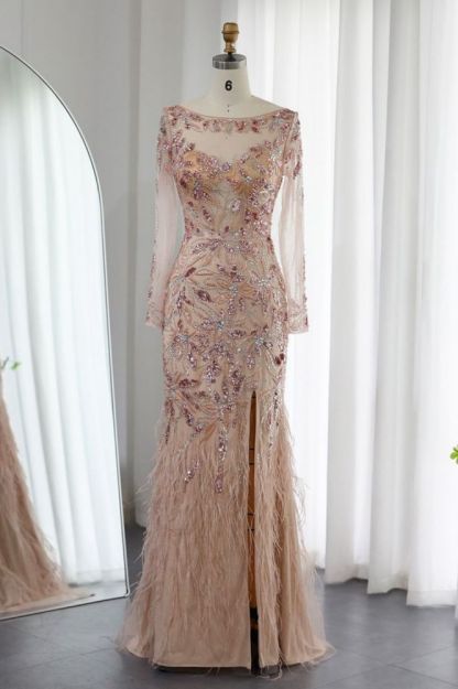 Elegant Scoop Neck Long Sleeves Front Slit Evening Dress Glitter Sequins Flower Fur Floor-Length Wedding Party Dress-Babyonlinewholesale