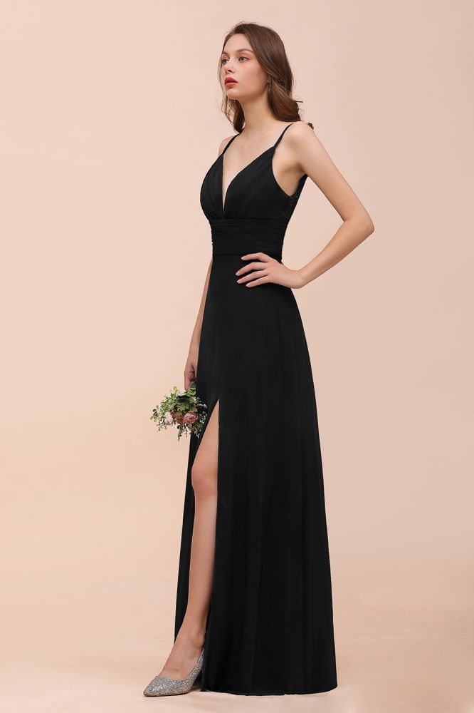 Charming Deep V-Neck Black Bridesmaid Dress with Side Slit with Spaghetti Straps