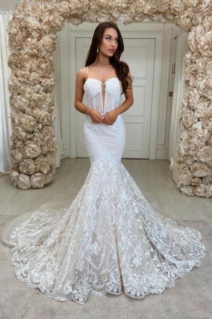 Chic Sweeteart Spaghetti Straps Mermaid Floral Lace Bridal Gown