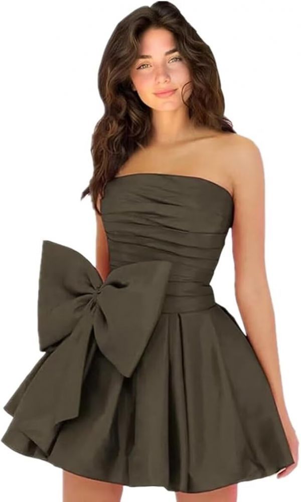 Chic Ruched Satin Short Homecoming Dresses Strapless Knee Length Party Dress with Bow