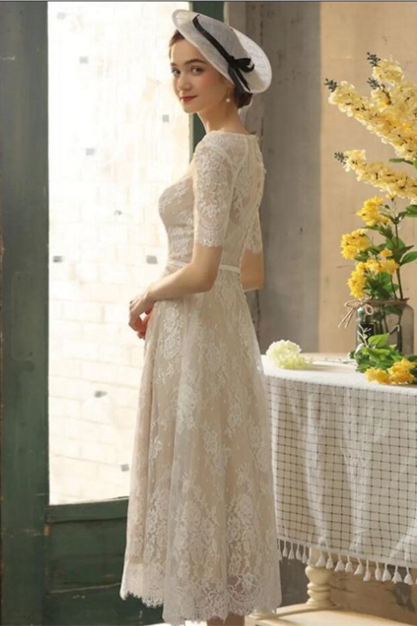Exquisite Half Sleeves Lace Tea Length Jewel Sheath Wedding Dress