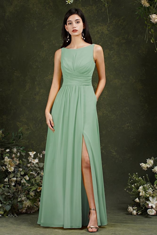 Bateau Ruffles Chiffon Floor-length A-Line Split Bridesmaid Dress With Pockets