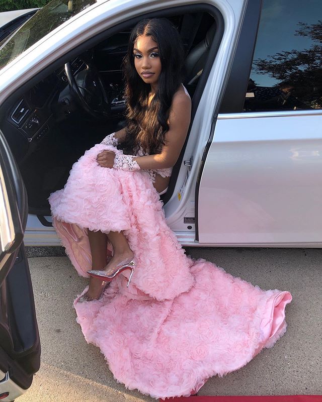 Pink Flowers Sexy V-neck Alluring Prom Dresses | Sheer Tulle Appliques Fit and Flare Evening Gowns