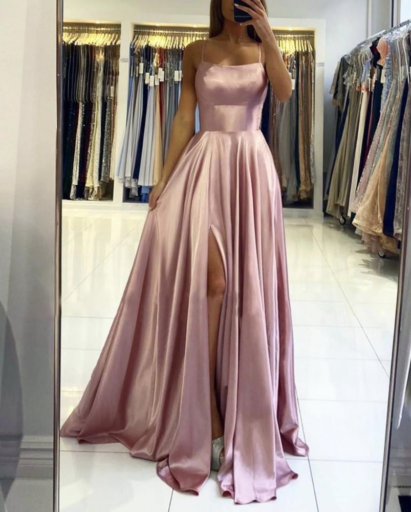 Stunning Spaghetti Straps Satin Evening Dress with Side Slit