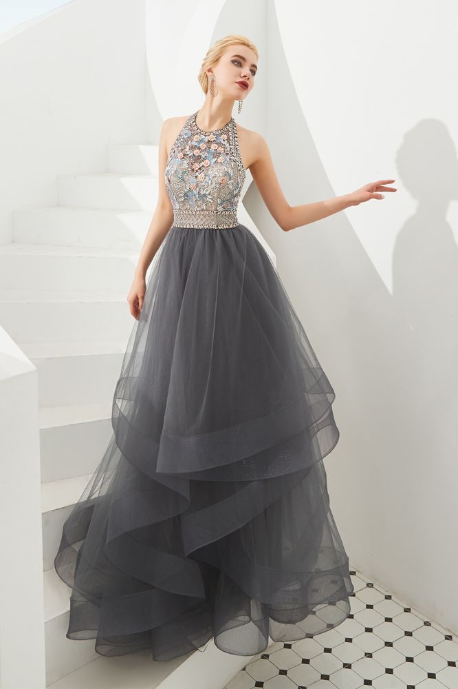 Floral Halter Evening Dress with Sparkle Beads | Trendy Gray Mother of the bride Dress with watermelon and blue decorations-Babyonlinewholesale